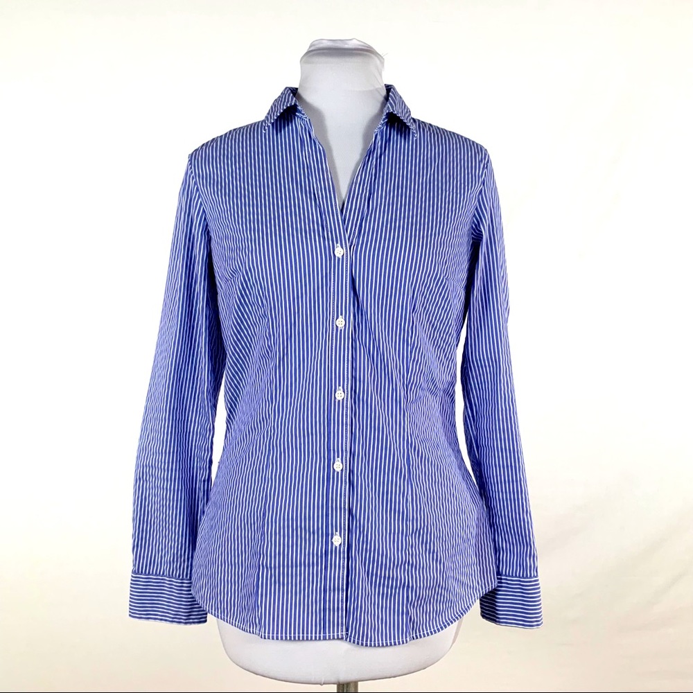 Blue and White Pinstripe V-Neck Button Up Blouse 8
